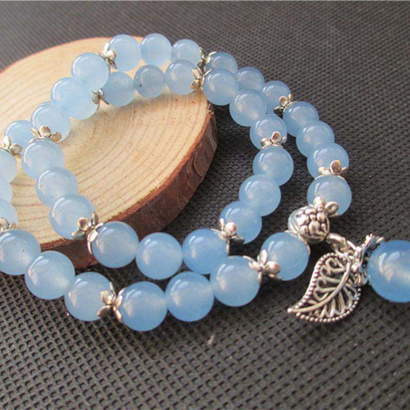 Mala Bead Bracelet Aqua Blue Jade & Wood Bead Stretch - Fuession Jewelry