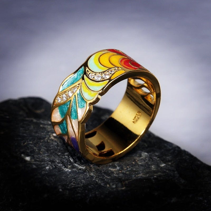 Golden Plated Feather Colorful Silver Ring -Rings My Zen Temple