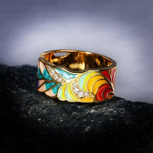 Golden Plated Feather Colorful Silver Ring -Rings My Zen Temple