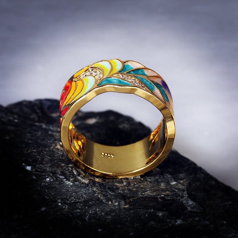 Golden Plated Feather Colorful Silver Ring -Rings My Zen Temple