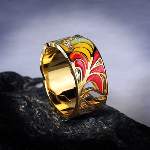 Golden Plated Feather Colorful Silver Ring -Rings My Zen Temple