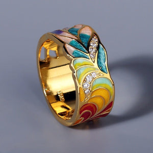 Golden Plated Feather Colorful Silver Ring -Rings My Zen Temple