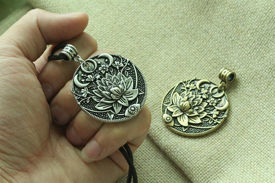 Silver Crescent Moon and Lotus Blossom Pendant – Magyuris Jewelry Studio