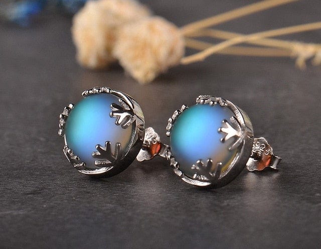 Moonstone Screw Back Earrings in Sterling Silver, Aurora Barbell