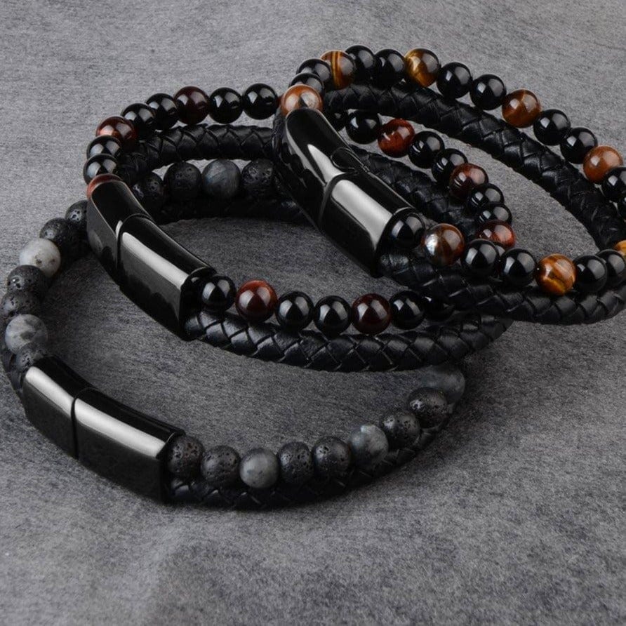 Natural Stone Bead Bracelet &amp; Leather Black Cord -Malas and Bracelets My Zen Temple