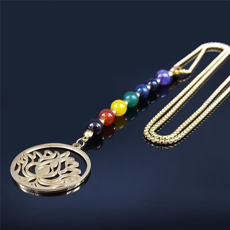 Yoga Lotus 7 Chakra Stone Stainless Steel Necklace -Necklaces My Zen Temple