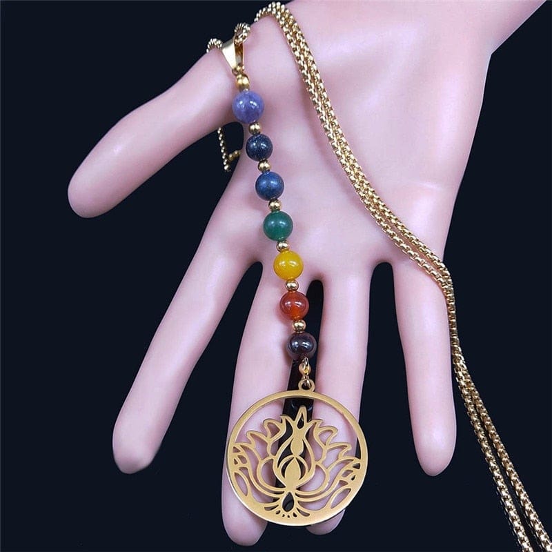 Yoga Lotus 7 Chakra Stone Stainless Steel Necklace -Necklaces My Zen Temple
